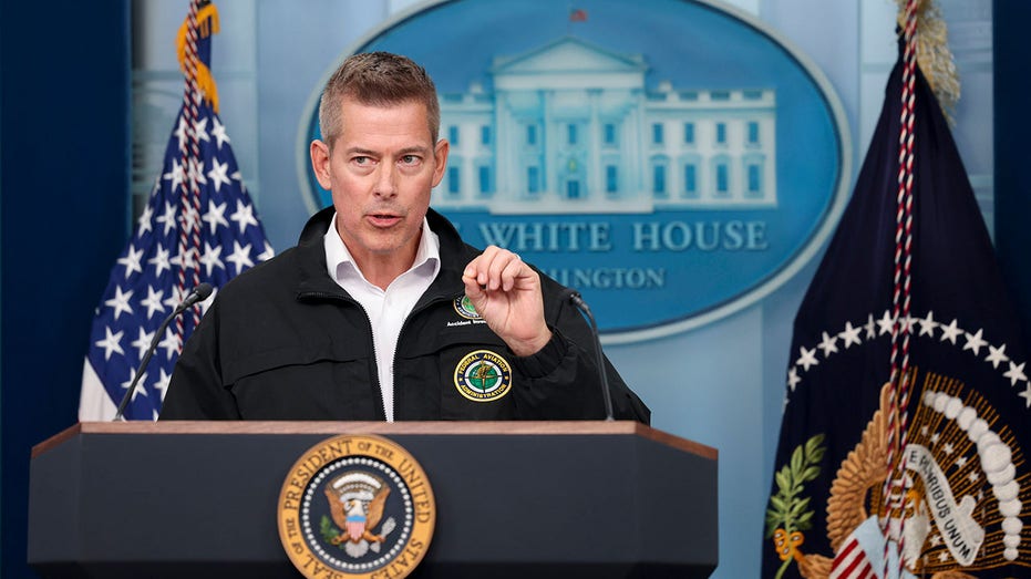 Transportation Secretary Sean Duffy speaks at a podium